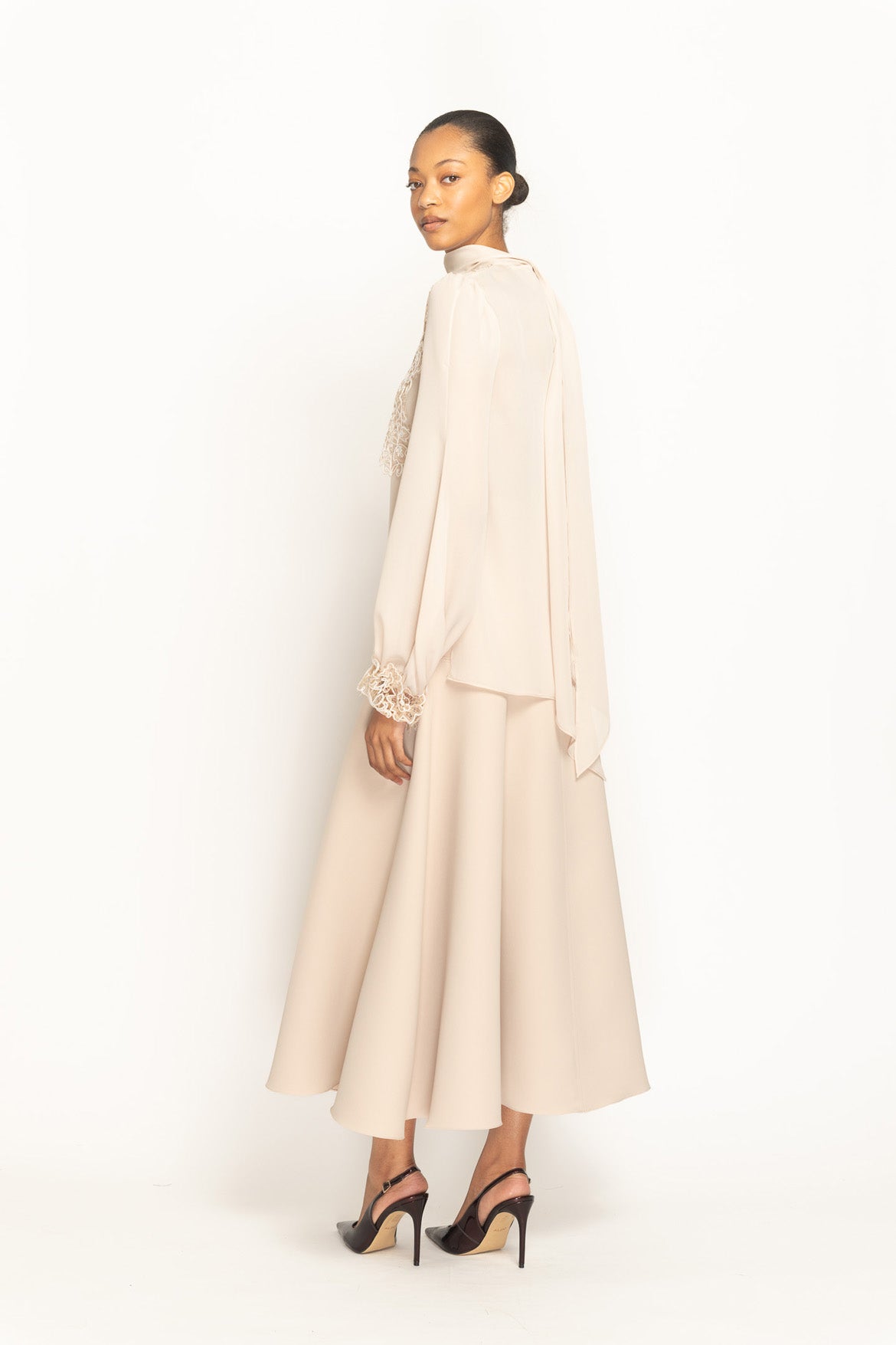 Almond Georgette Blouse with Belle Fleur Lace Bib Side Two