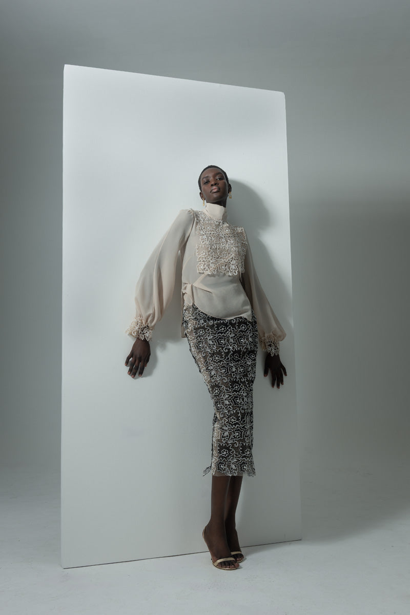 Almond Georgette Blouse with Belle Fleur Lace Bib Front Runway