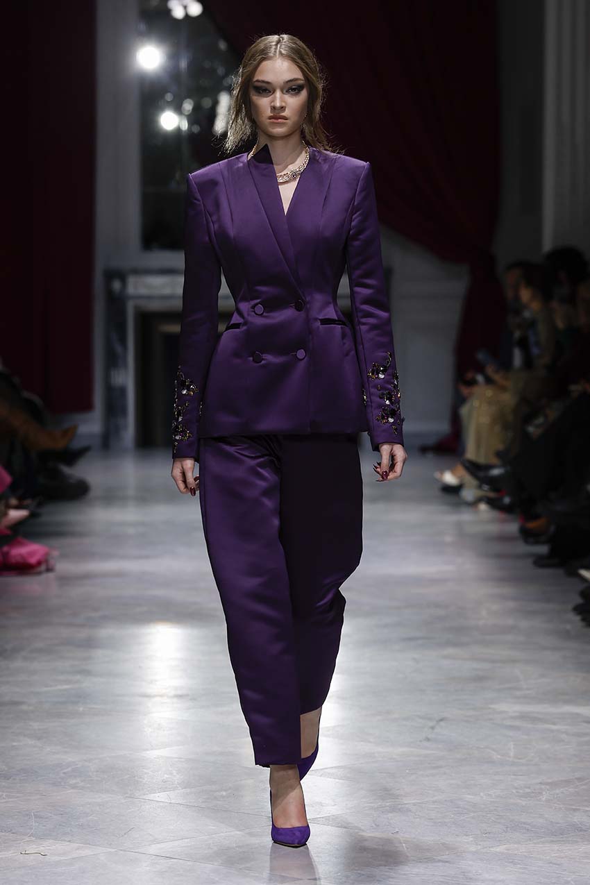 Amethyst Double Duchess Trousers Front Runway