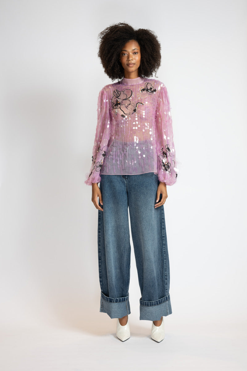 Camellia Organza Poets Blouse With Glass Petal Embroidery 1