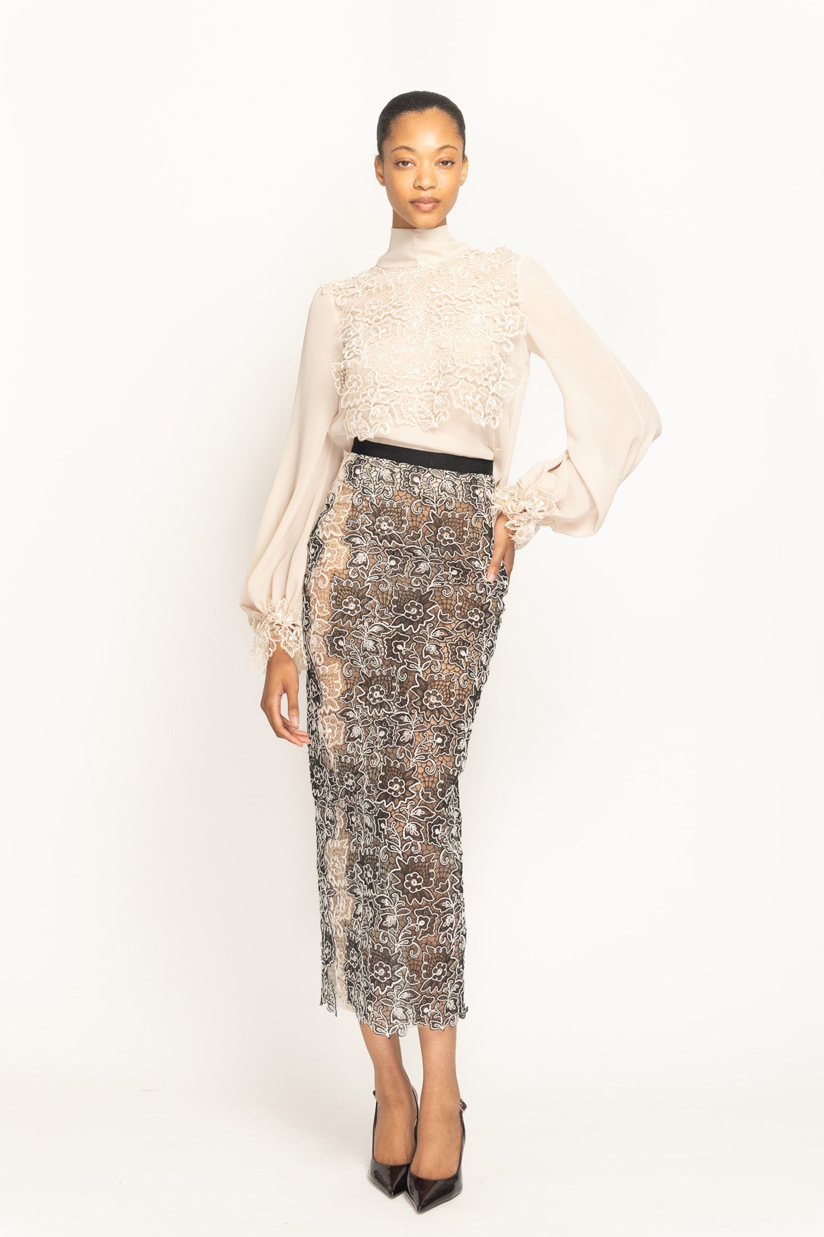 Color Blocked Belle Fleur Lace Pencil Skirt Front