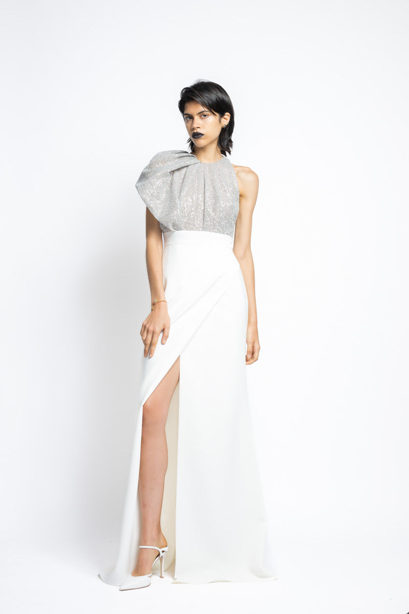 Nailhead Hand Embroidered Sequin And Crepe Gown 3