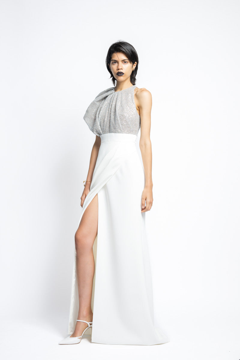 Nailhead Hand Embroidered Sequin And Crepe Gown 4