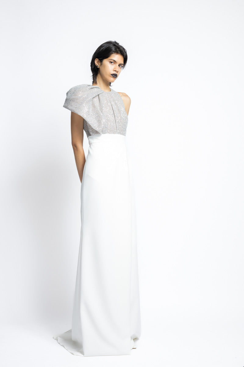 Nailhead Hand Embroidered Sequin And Crepe Gown 5