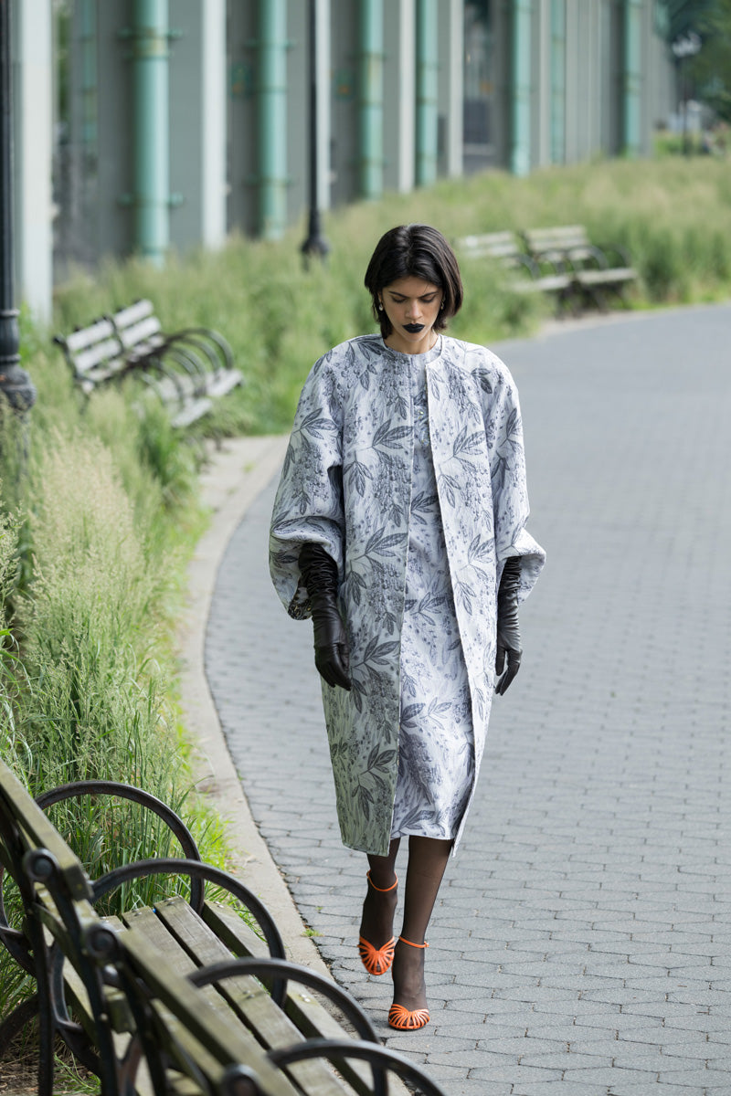 Silver Bay Leaf Jacquard with Hand Embroidered Shift Dress Silver Bay Leaf Jacquard with Hand Embroidered Shift Dress