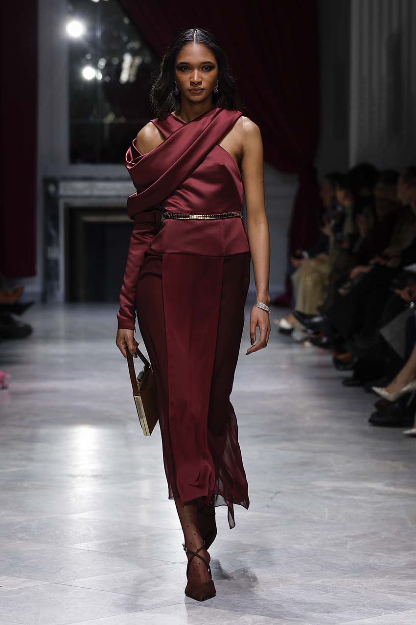 Claret Double Duchess Sheer Crepe Dress with Amrapali Sleeve Front Runway