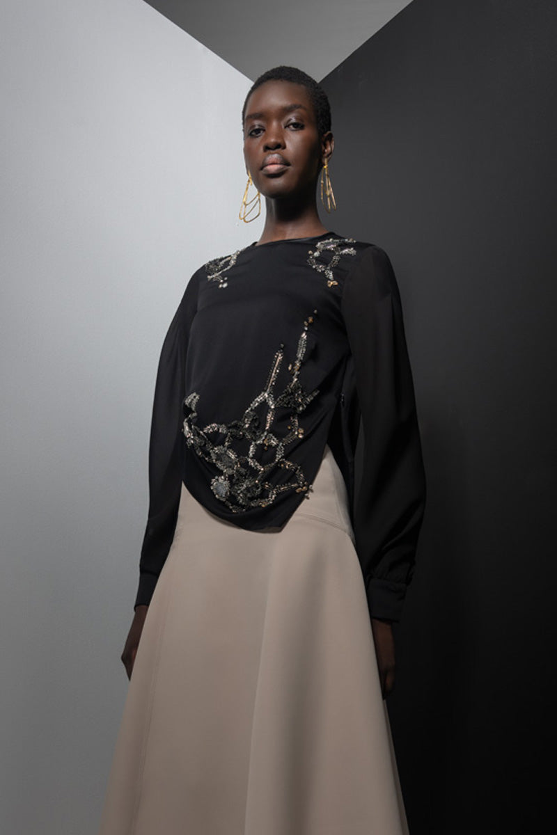Onyx Hex Weave Embroidered Satin Crepe Blouse