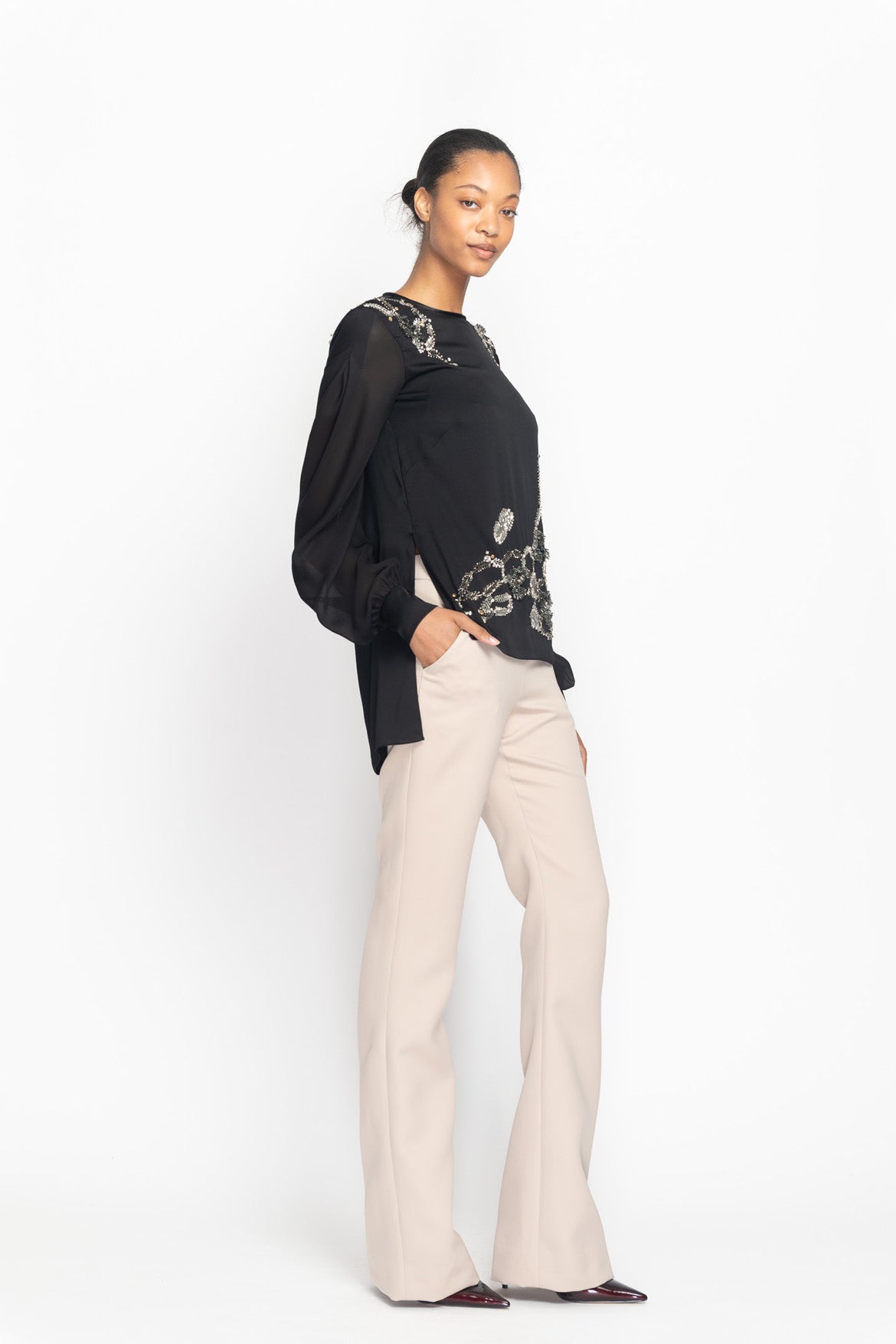 Onyx Hex Weave Embroidered Satin Crepe Blouse Side One
