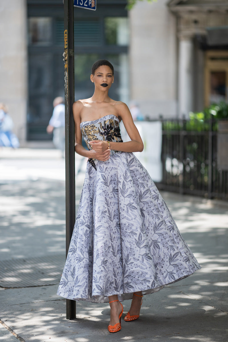Silver Bay Leaf Jacquard Strapless Ball Gown With Gilded Bodice And Floral Embroidery Silver Bay Leaf Jacquard Strapless Ball Gown With Gilded Bodice And Floral Embroidery