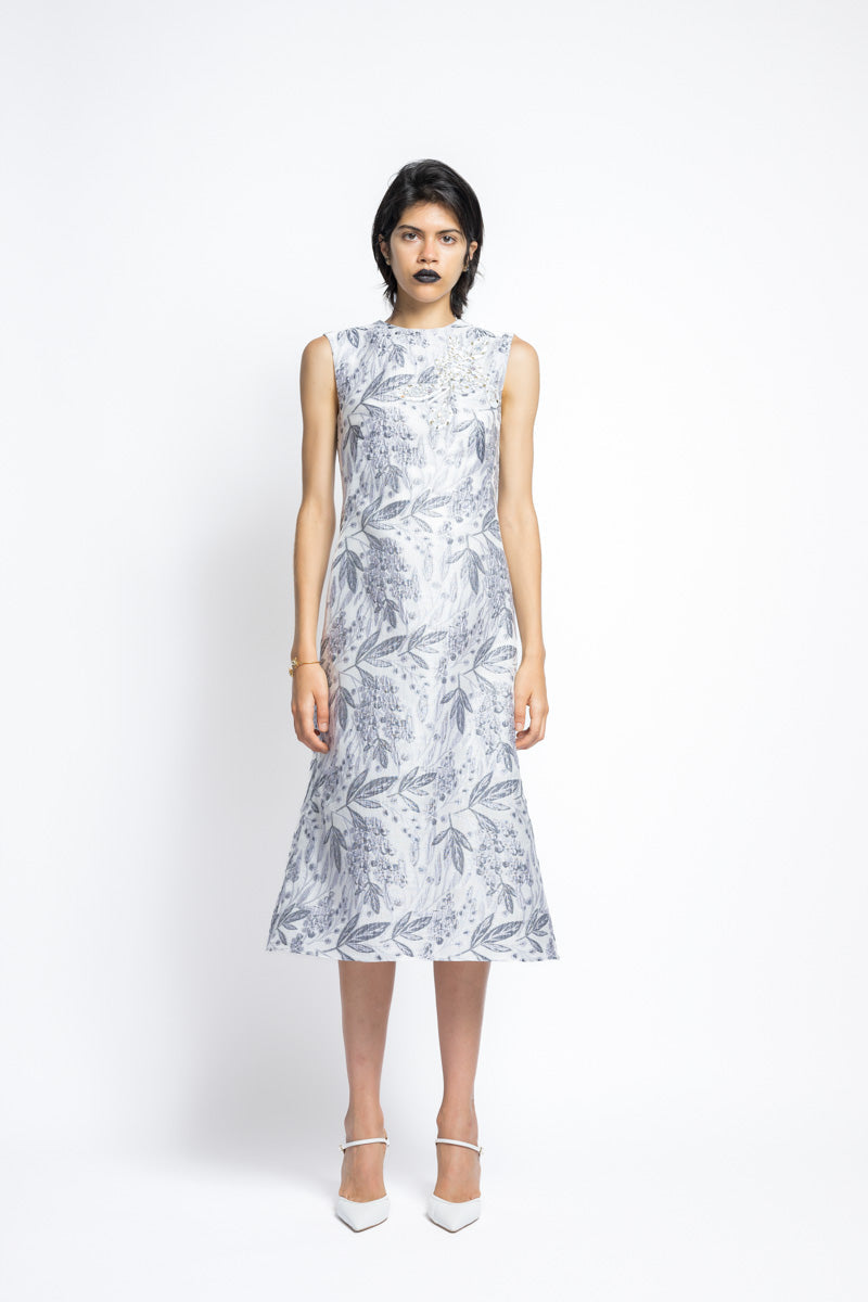 Silver Bay Leaf Jacquard With Hand Embroidery Shift Dress 2