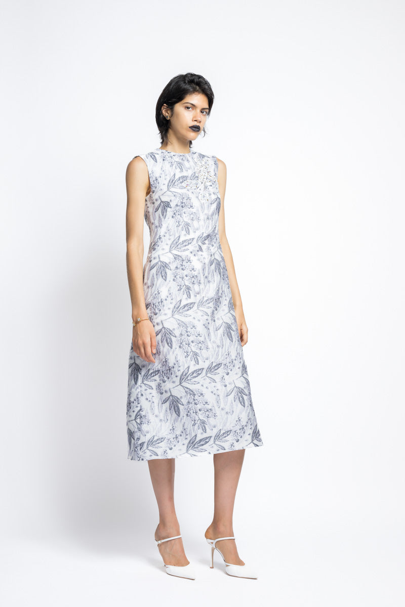 Silver Bay Leaf Jacquard With Hand Embroidery Shift Dress 4