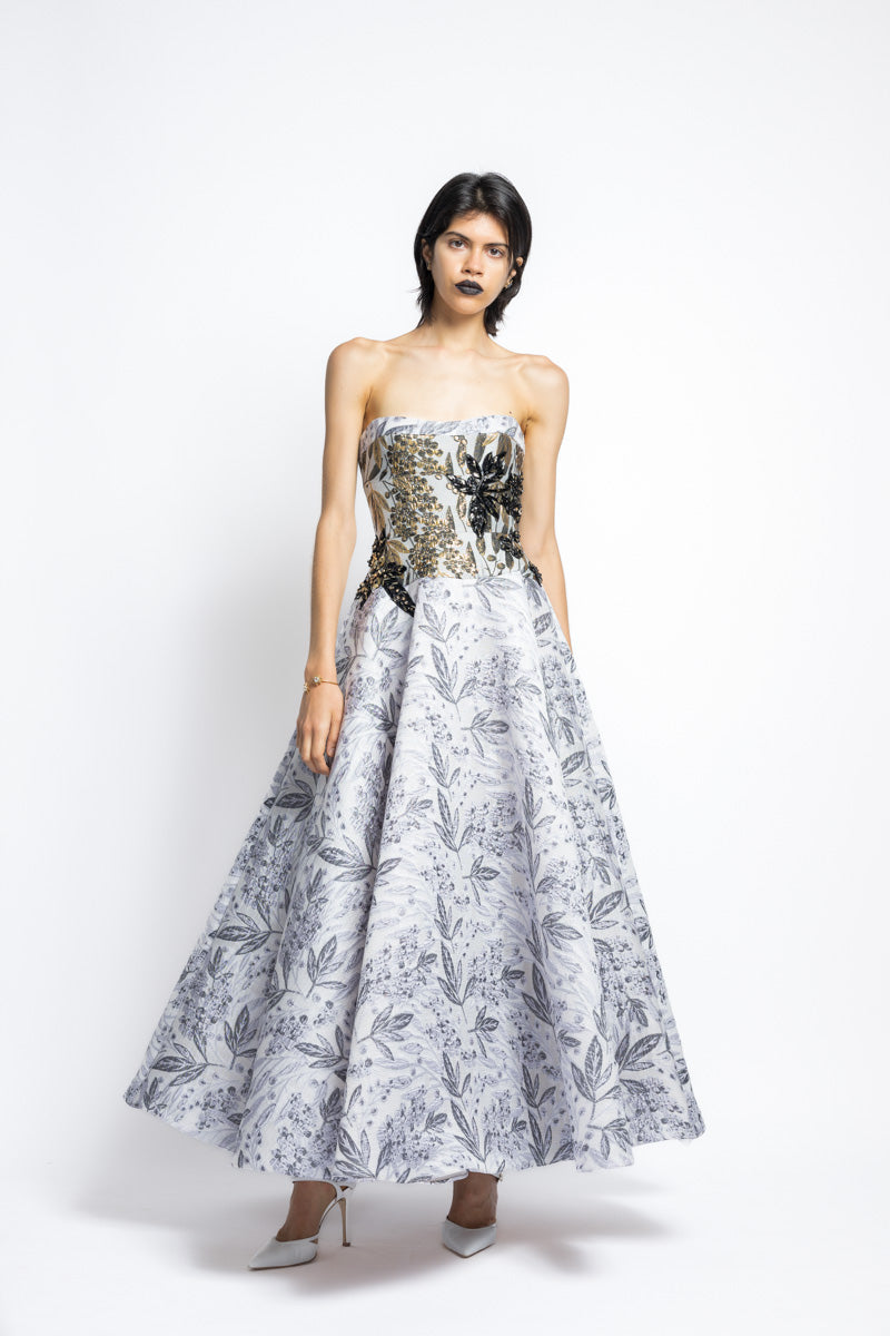 Silver Bay Leaf Jacquard Strapless Ball Gown With Gilded Bodice And Floral Embroidery 3