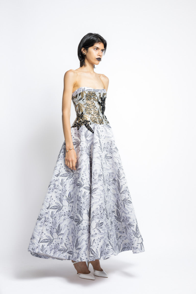 Silver Bay Leaf Jacquard Strapless Ball Gown With Gilded Bodice And Floral Embroidery 4
