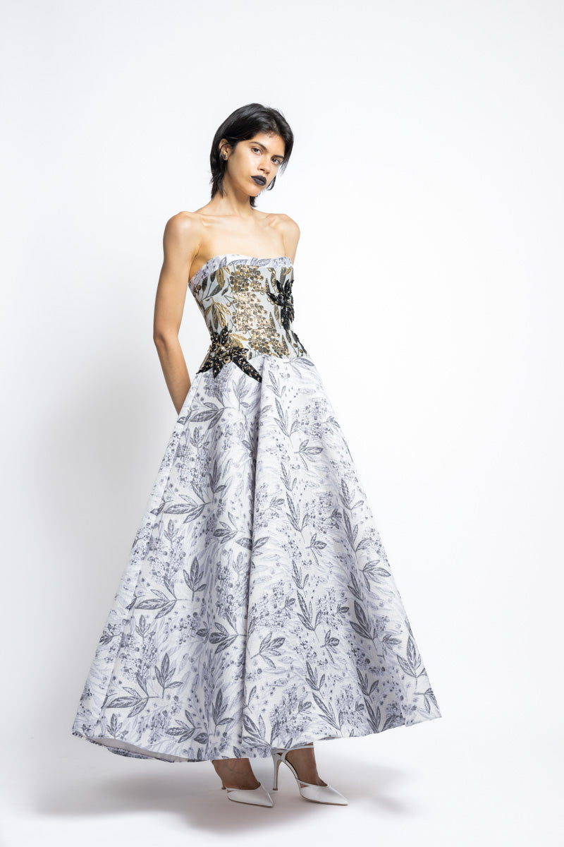 Silver Bay Leaf Jacquard Strapless Ball Gown With Gilded Bodice And Floral Embroidery 5
