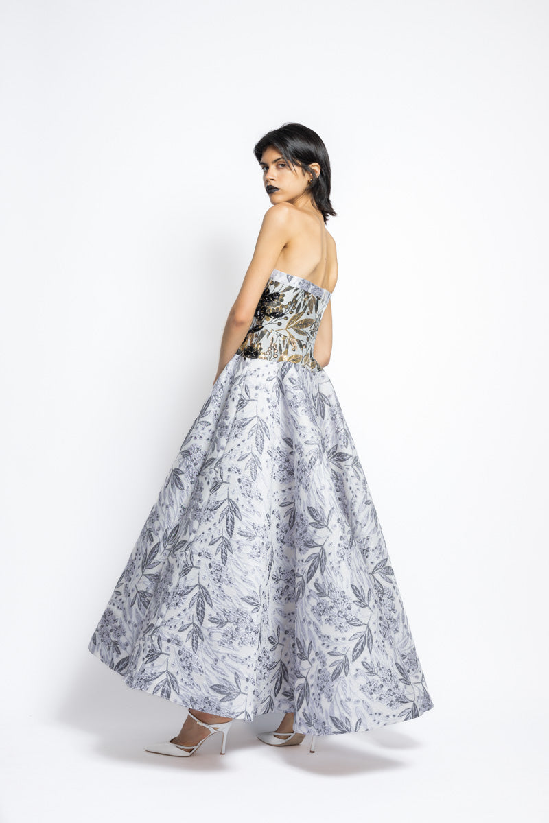 Silver Bay Leaf Jacquard Strapless Ball Gown With Gilded Bodice And Floral Embroidery 7