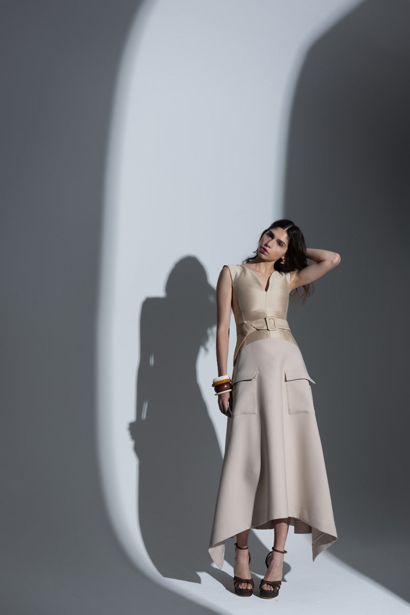 Almond Gazaar and Cady Arched Neck Safari Dress Front Runway
