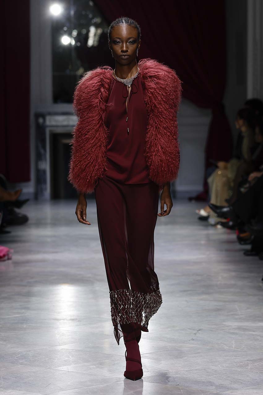 Claret Sheer Crepe Skirt with Noor-Jaal Embroidery Front Runway