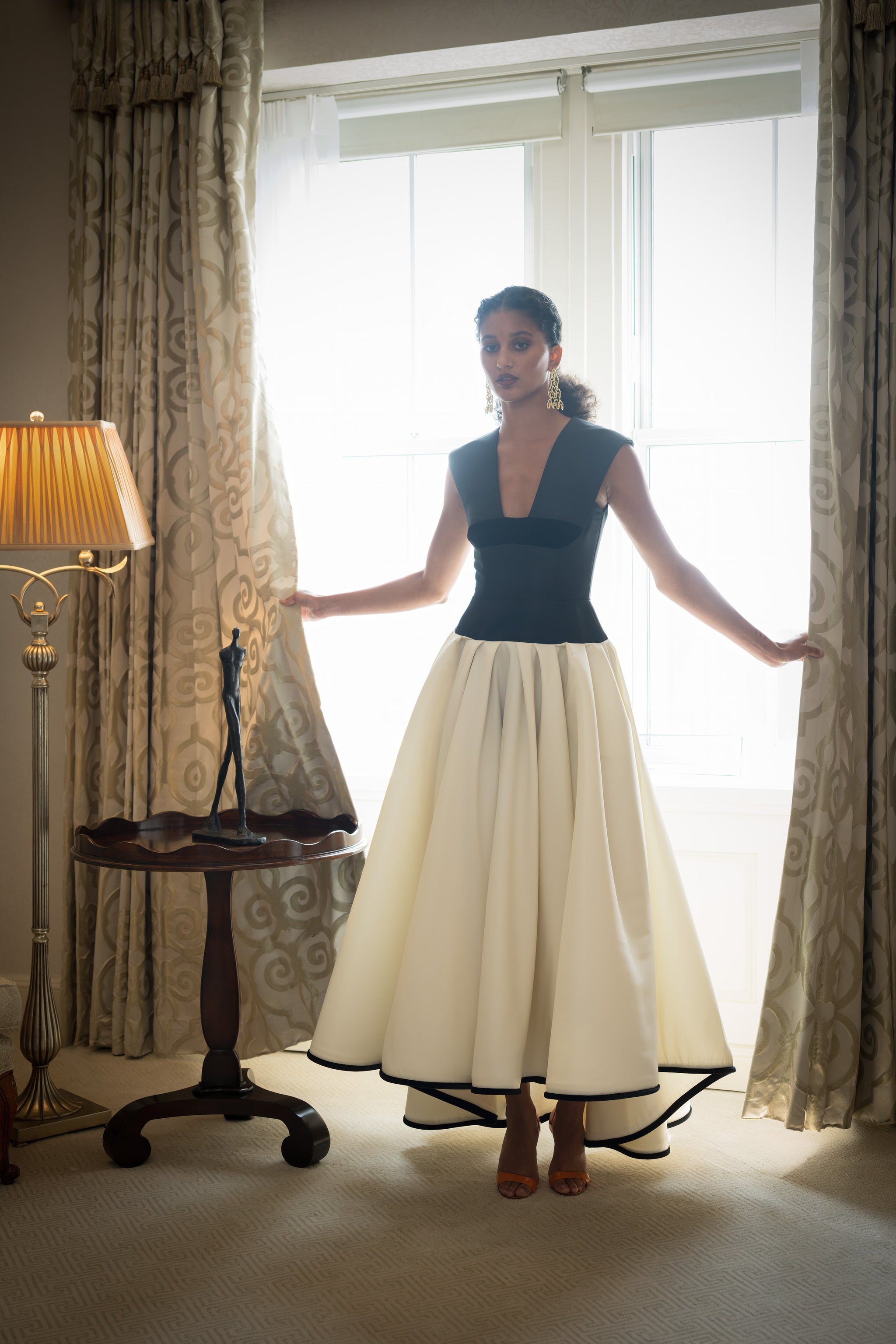 Ivory and Onyx Faille Dress with Dropped Waist and Velvet Insert