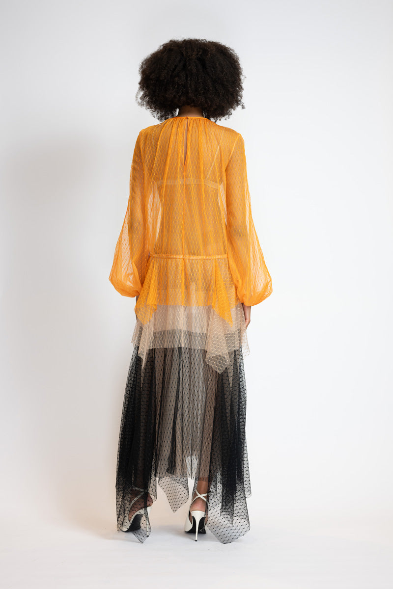Tricolor Lattice Point D’Esprit Trapeze Dress With Handkerchief Tiers