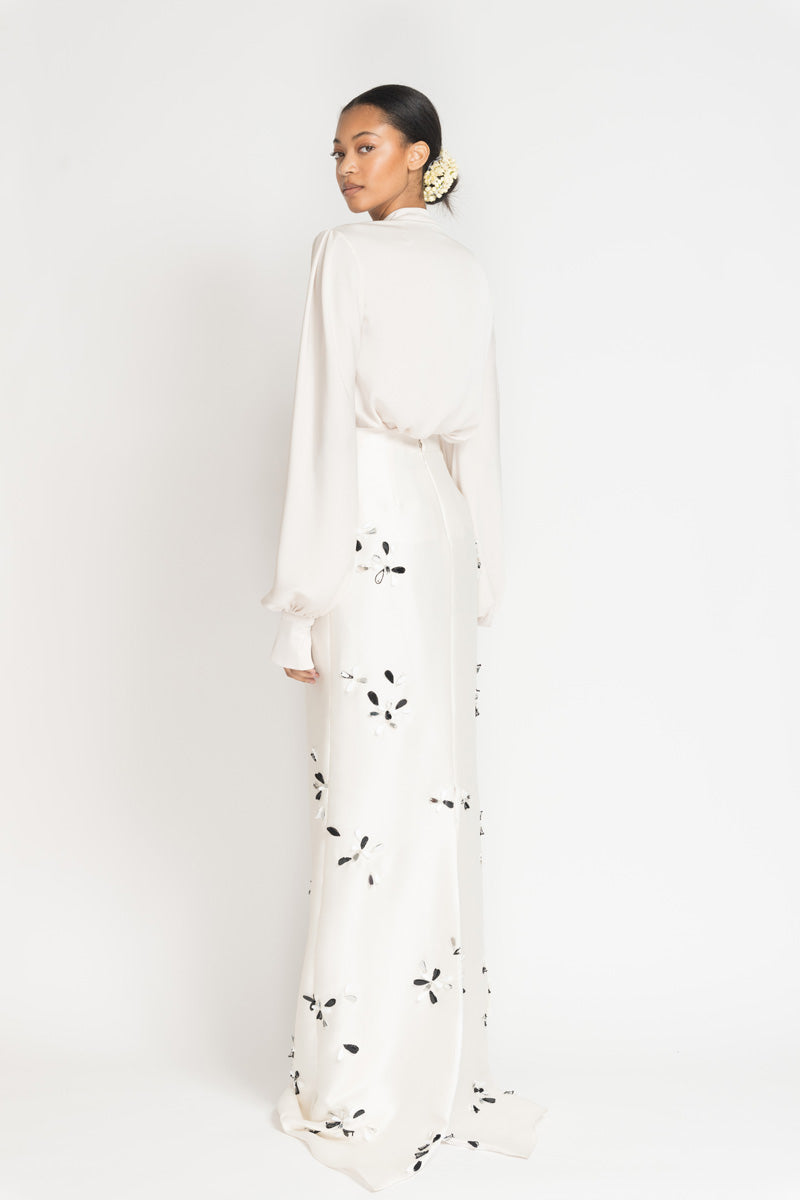 Stone Satin Crepe Button Up Blouse With Scarf Detail 4