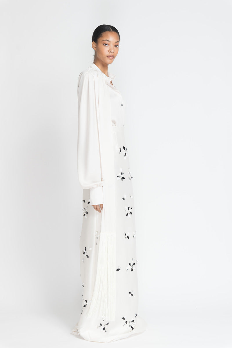 Stone Satin Crepe Button Up Blouse With Scarf Detail 3