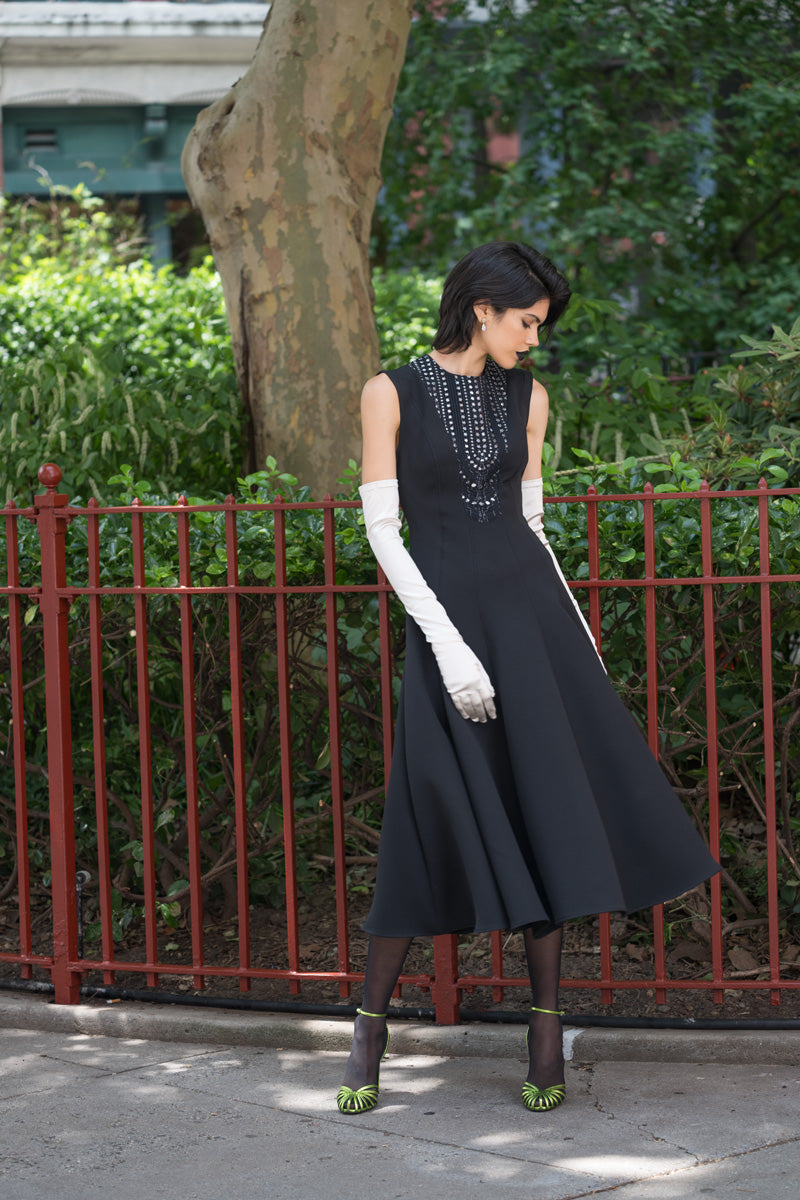 Cady Paneled Day Dress With Metallic Nailhead Lace Bib 1