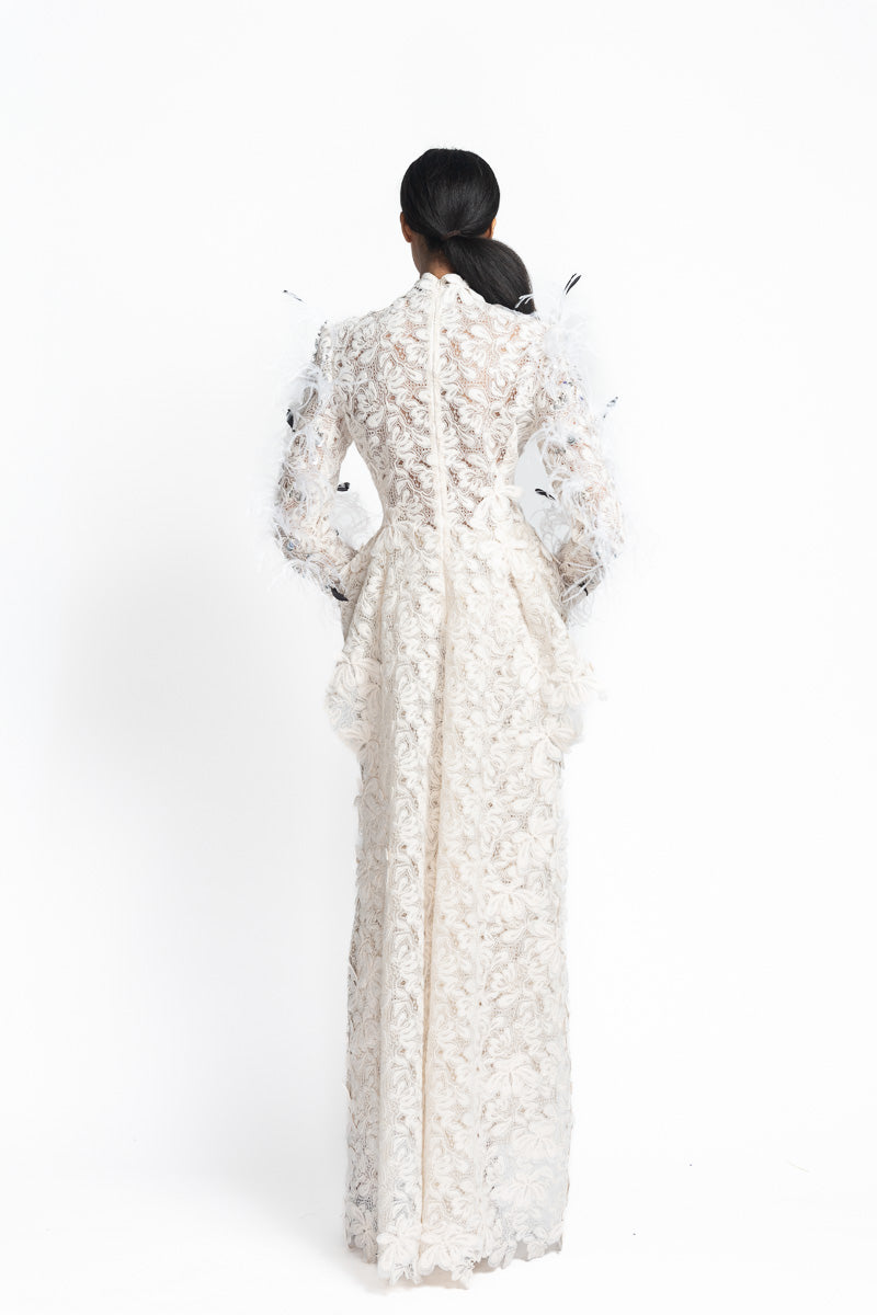 Ivory Padma Lace Top with Peplum Train and Pañjara Embroidery