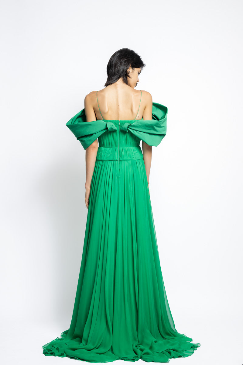 Silk Pleated Chiffon Gown With Off The Shoulder Petal Faille Drape 8