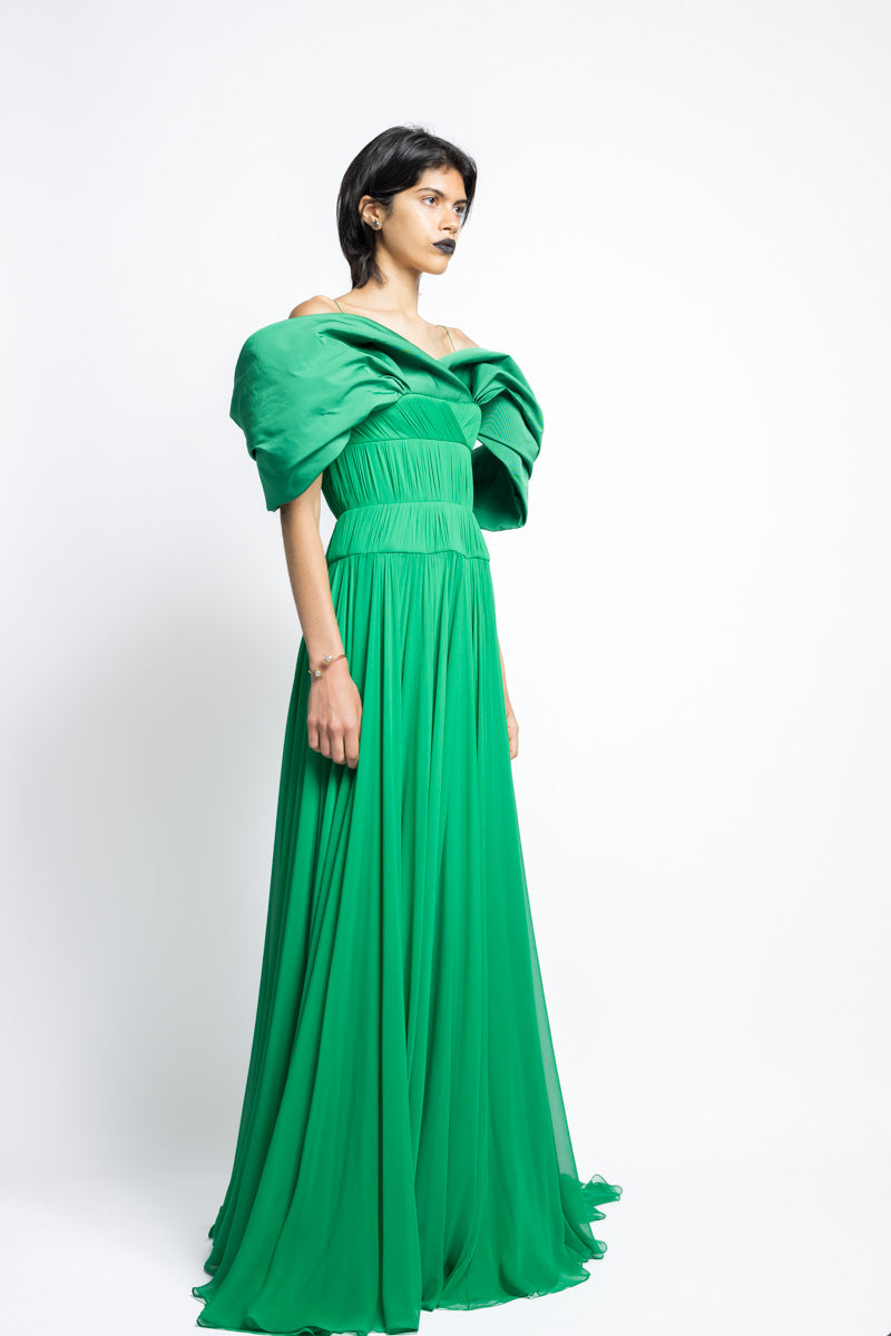 Silk Pleated Chiffon Gown With Off The Shoulder Petal Faille Drape 5