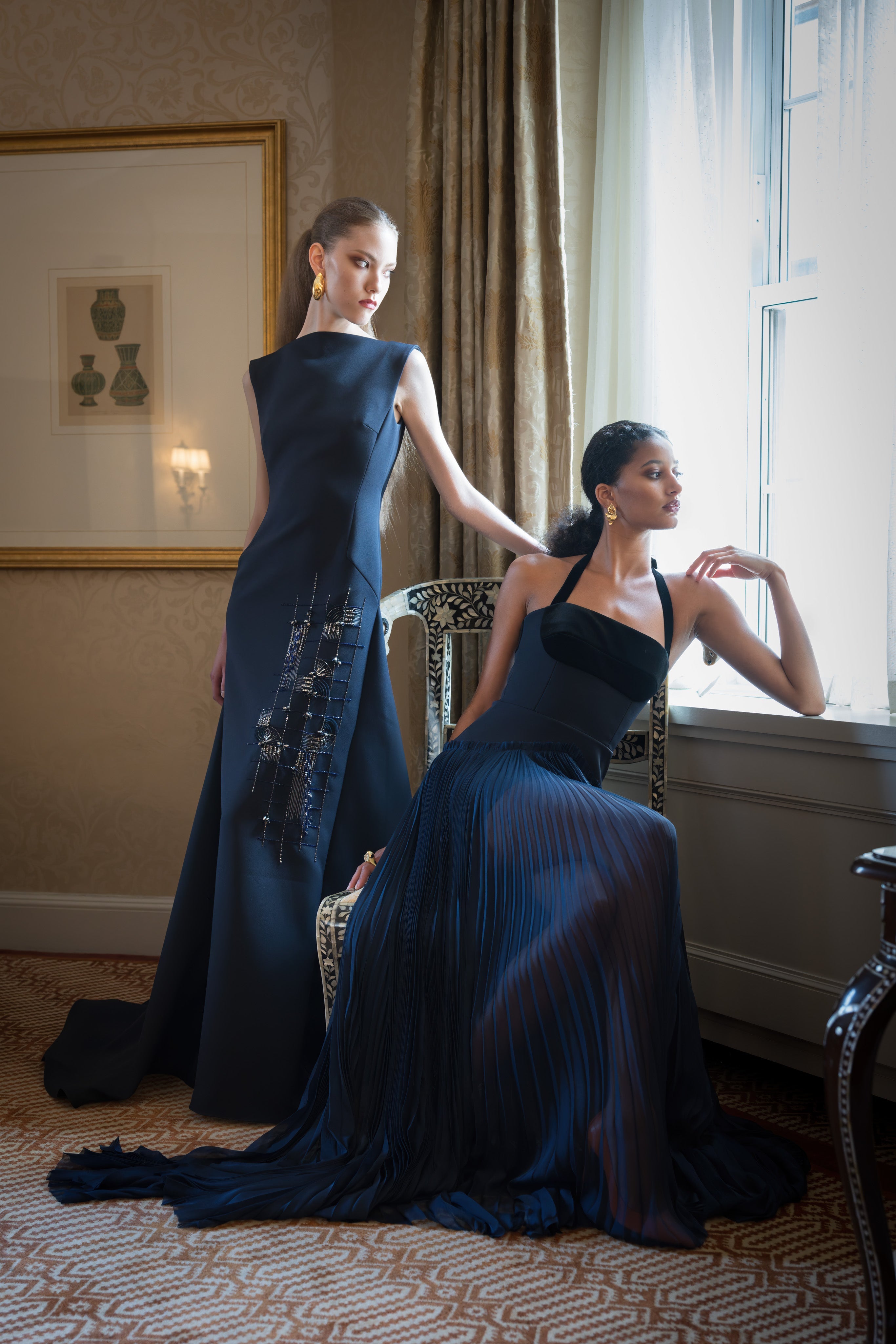 Navy Cady Boat Neck Gown With Rice Plume Embroidery And Plunge Back 1