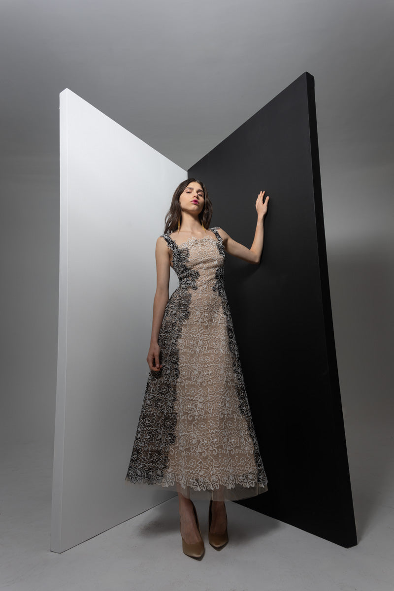 Dual Color Belle Fleur Lace Dress with Harness Detail Front Runway
