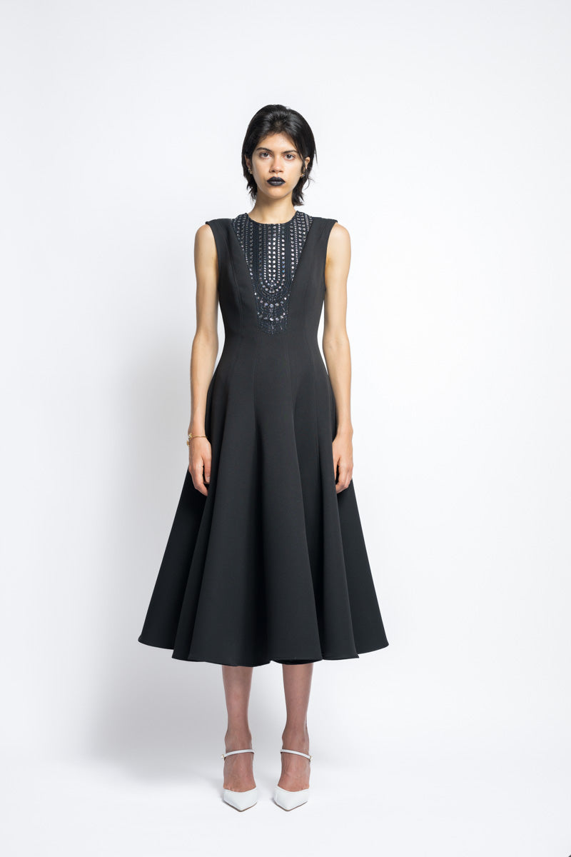 Cady Paneled Day Dress With Metallic Nailhead Lace Bib 2