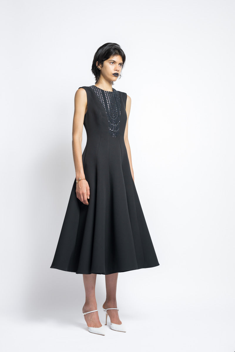 Cady Paneled Day Dress With Metallic Nailhead Lace Bib 4