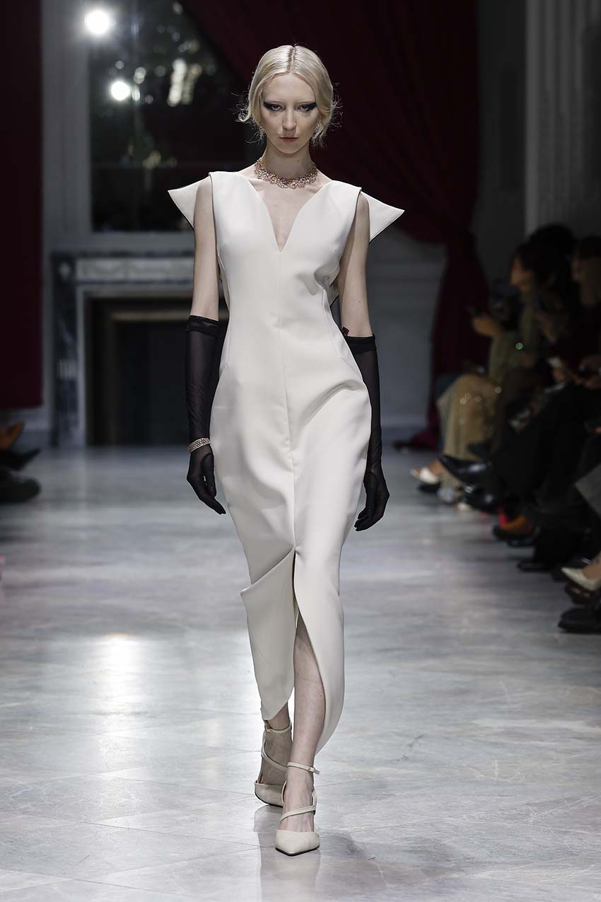 Stone Cady Dress with Wing-Back Detail with Chakra Embroidery and Petal Hem Front Runway