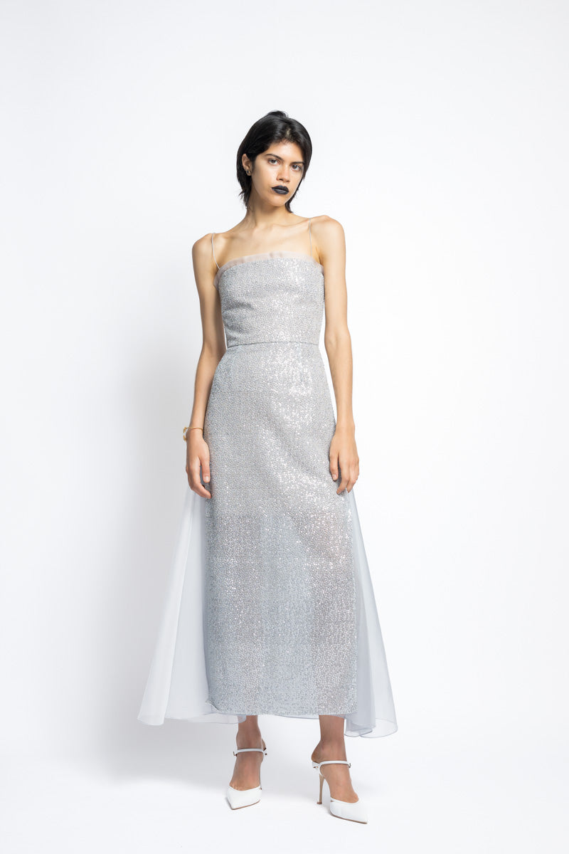Nailhead Hand Embroidered Sequins And Organza Cocktail Dress 4