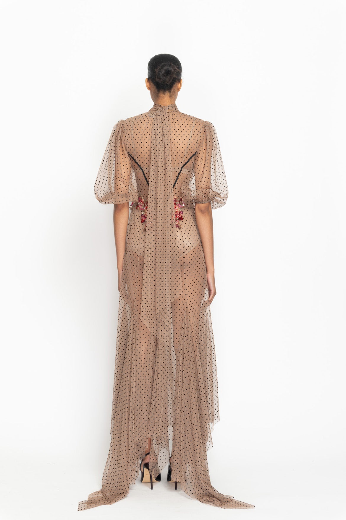 Toffee Point d’Esprit Sheer High Neck Gown with Crystal Fleur Embroidery Back