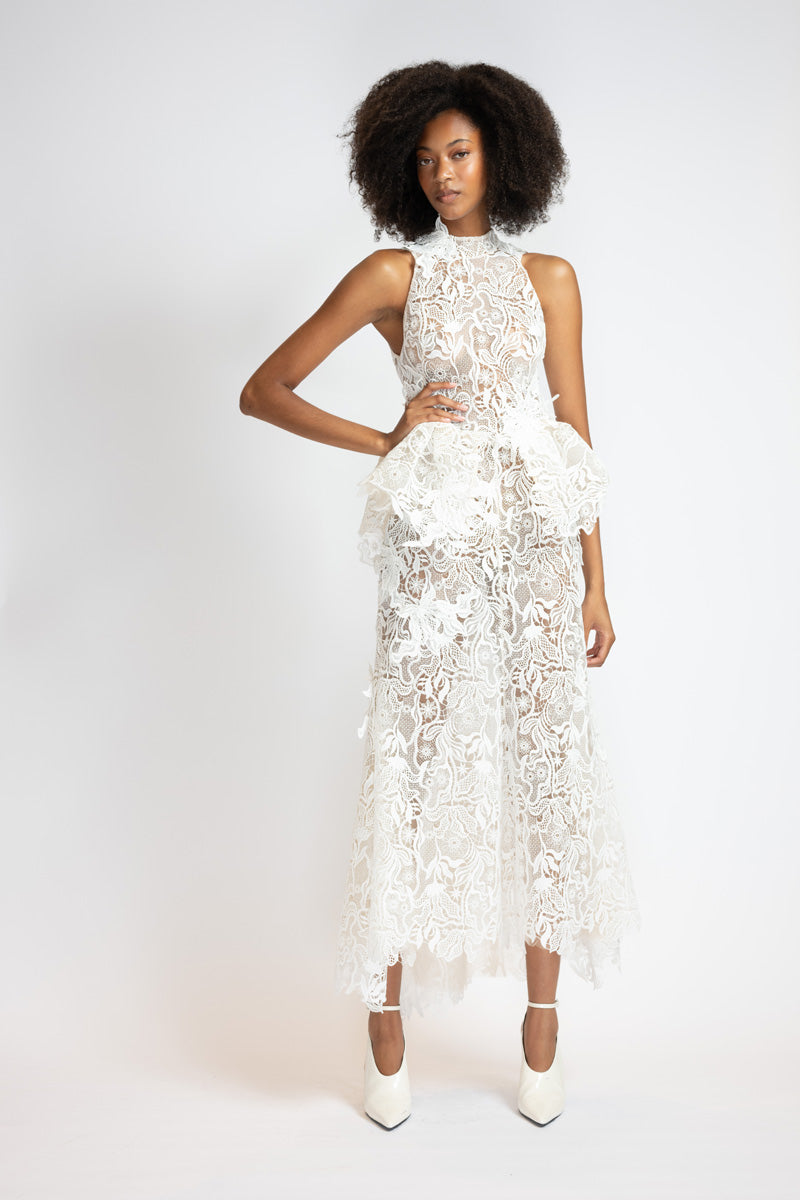 White Nomad Lace Dress With Sculpted Peplum 1