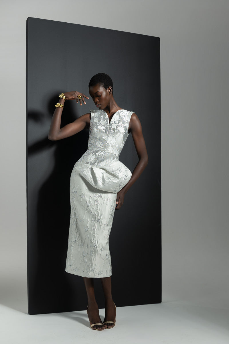 Whisper Bloom Jacquard Arched Neck Dress with Moulded Hip Drape Front Runway