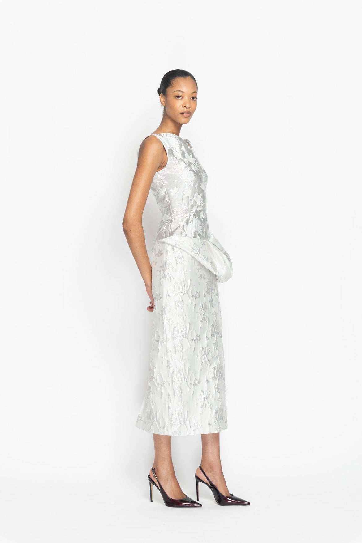 Whisper Bloom Jacquard Arched Neck Dress with Moulded Hip Drape Side One