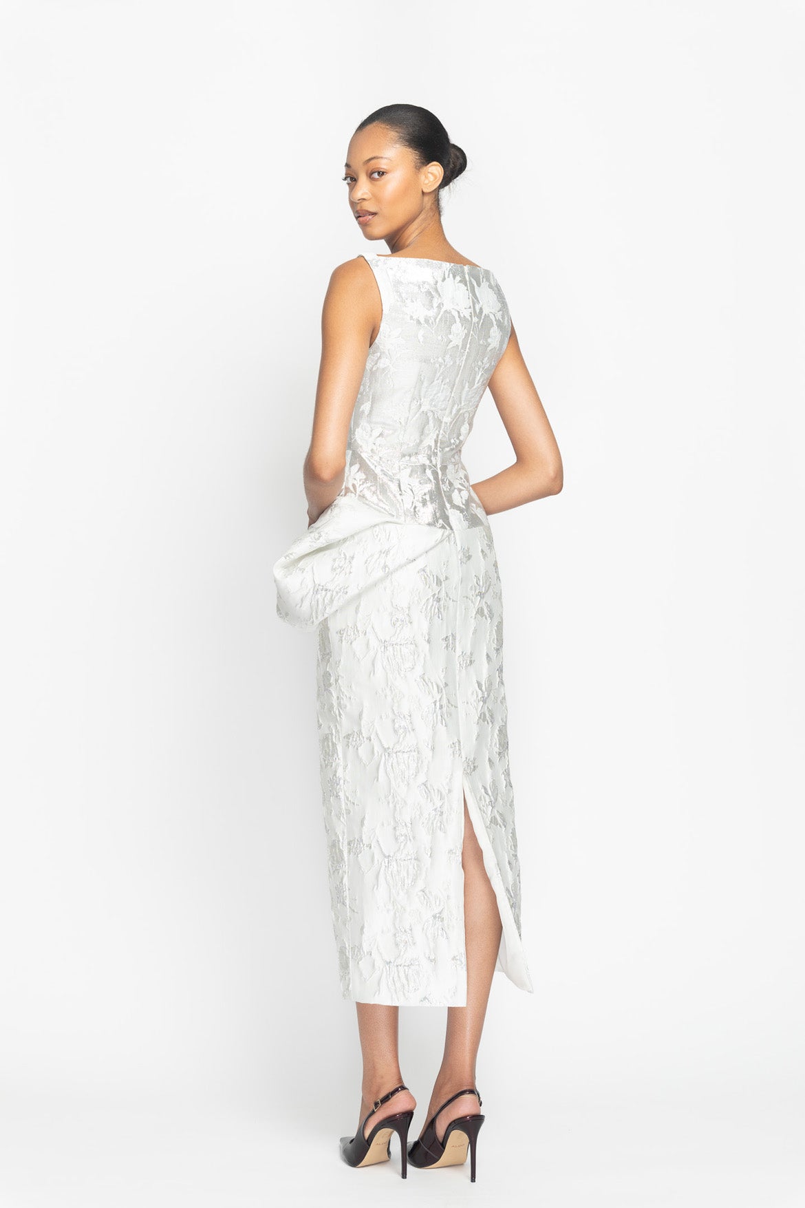 Whisper Bloom Jacquard Arched Neck Dress with Moulded Hip Drape Side Two