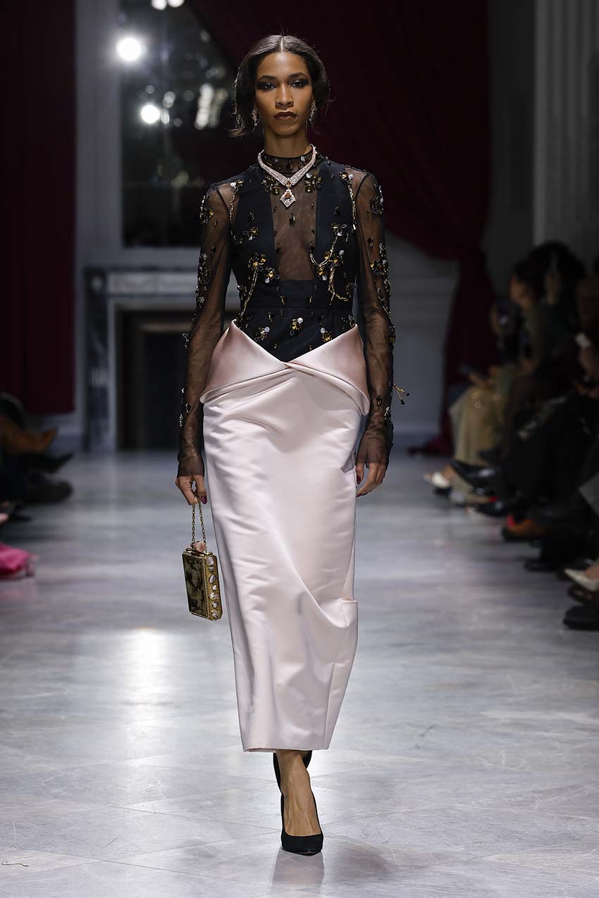 Onyx Jugnu Embroidered Tulle and Rose Double Duchess Dress with Iris Drape Front Runway