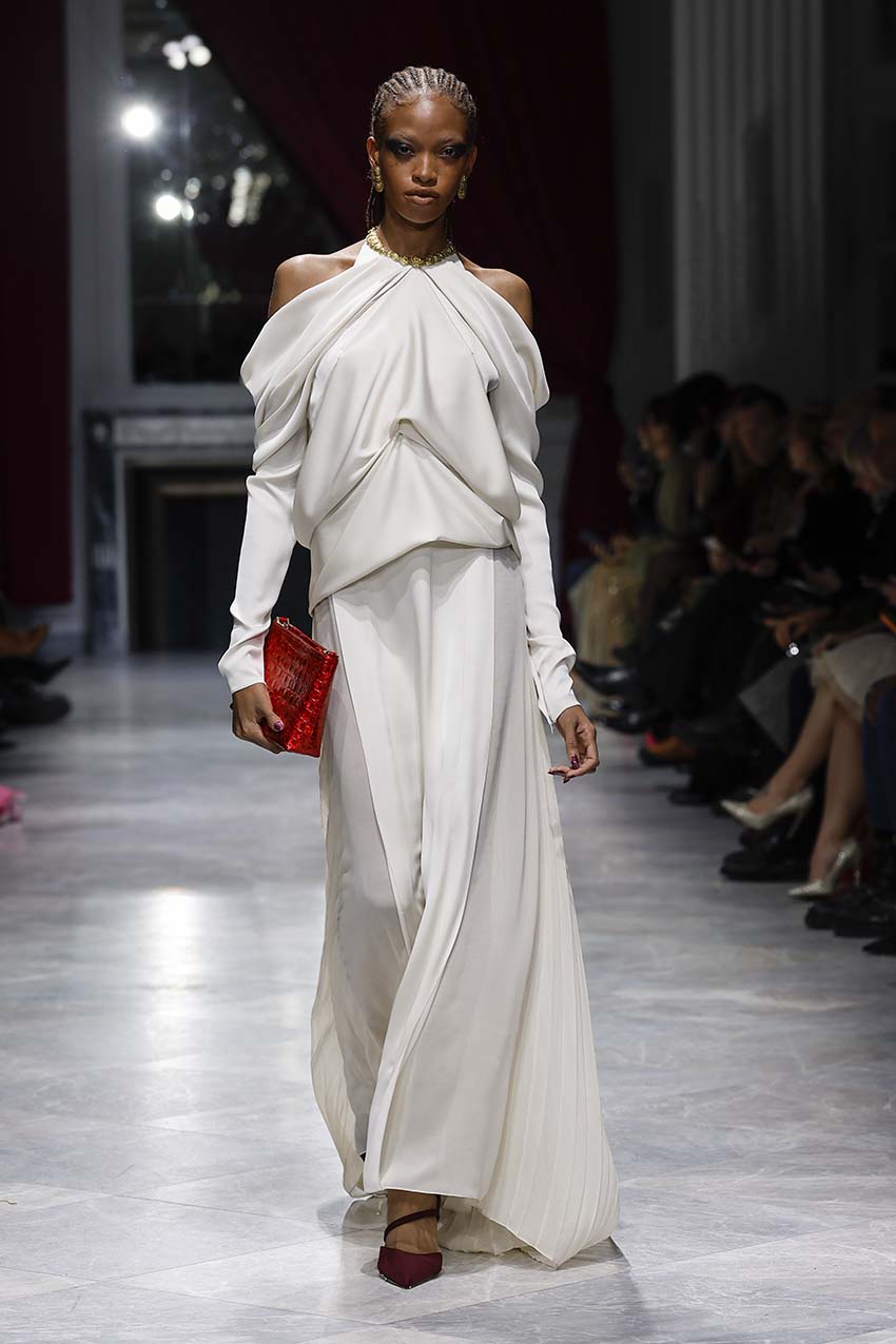 Light Sand Satin and Sheer Crepe Gown with Pleated Train Front Runway