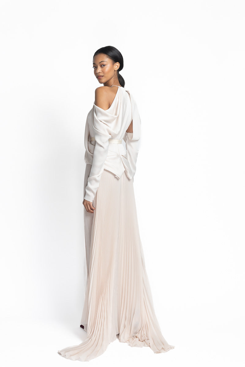 Light Sand Satin and Sheer Crepe Gown with Pleated Train Side Two