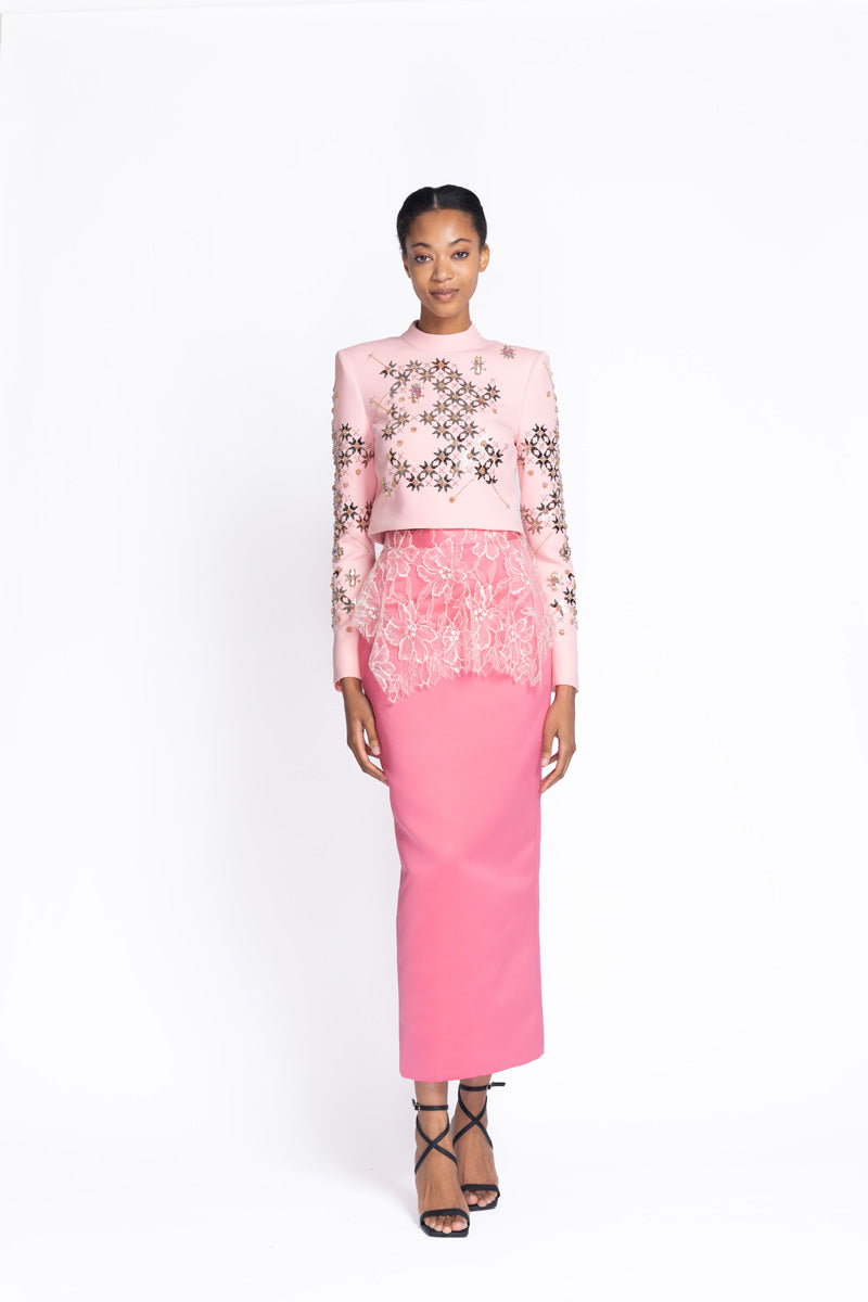 Rose Double Duchess Column Skirt with Chantilly Lace Peplum 2