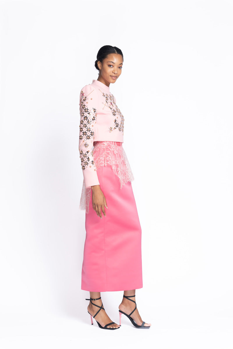 Rose Double Duchess Column Skirt with Chantilly Lace Peplum 3