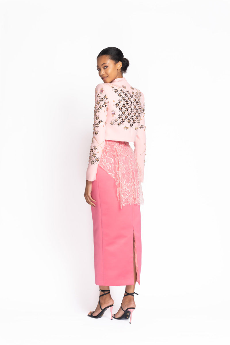 Rose Double Duchess Column Skirt with Chantilly Lace Peplum 4
