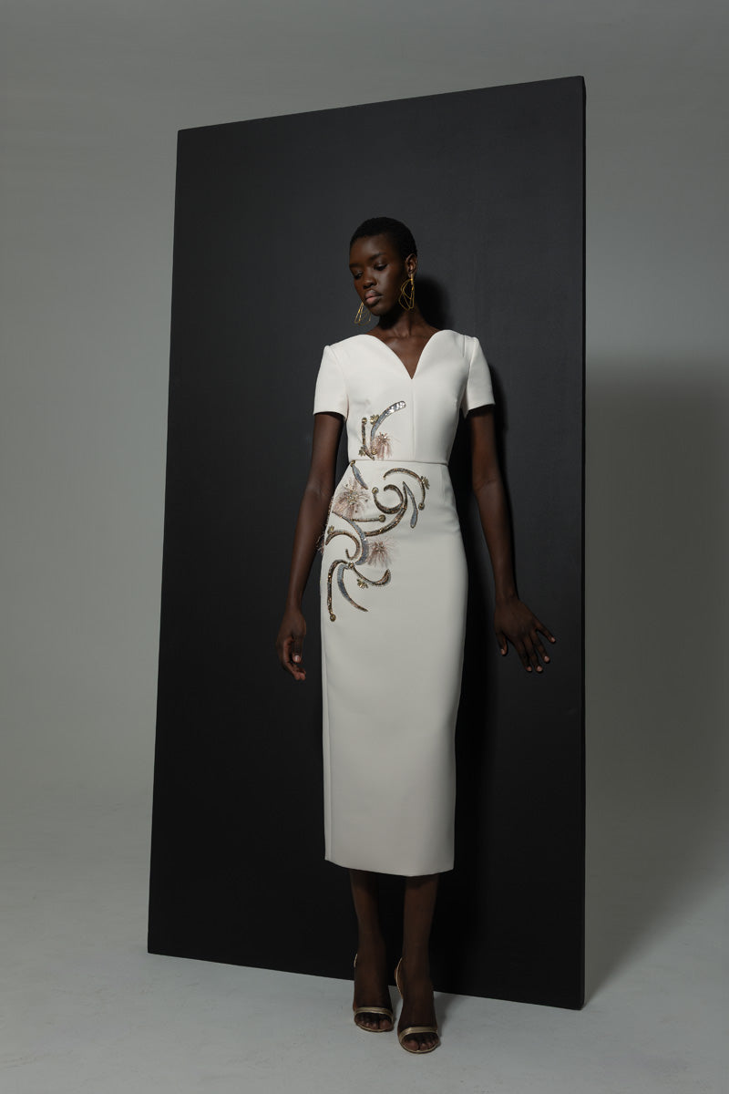 Stone Cady Crystal Radicle Embroidered Arched Neck Dress Front Runway