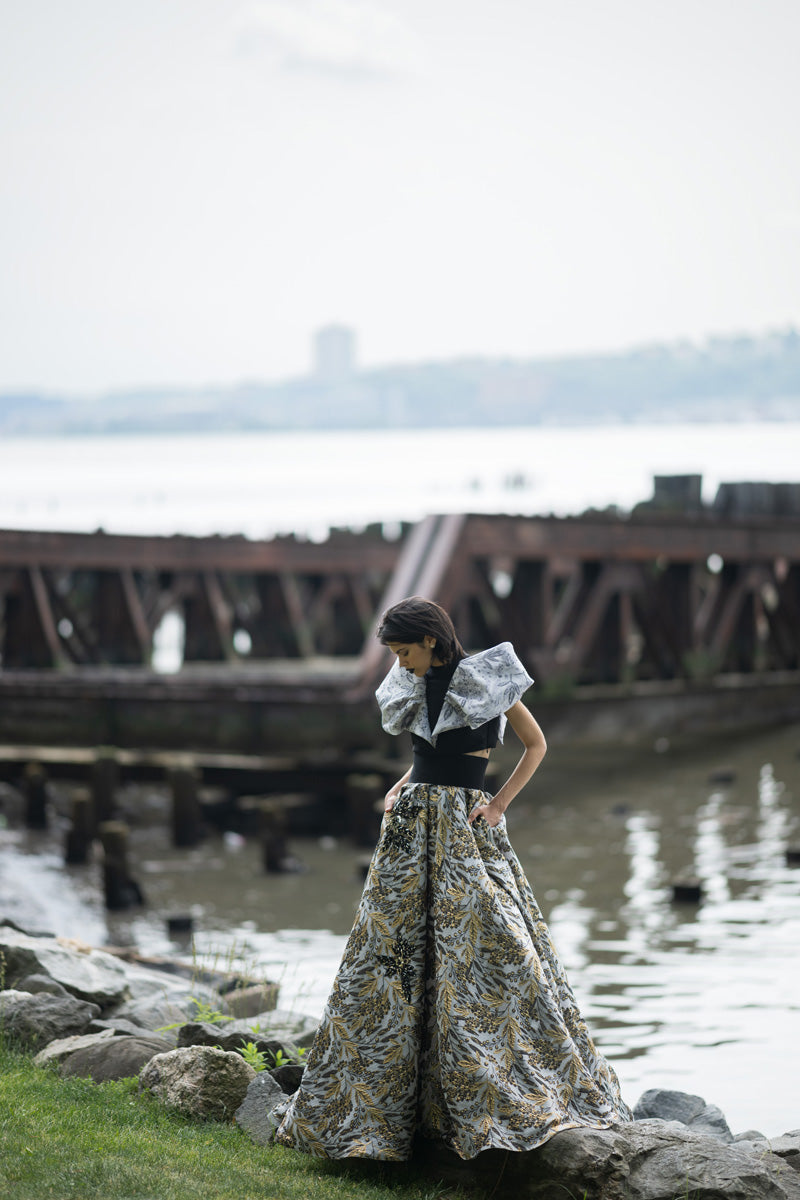 Gilded Bay Leaf Jacquard Ball Skirt With Bay Leaf Embroidery 1