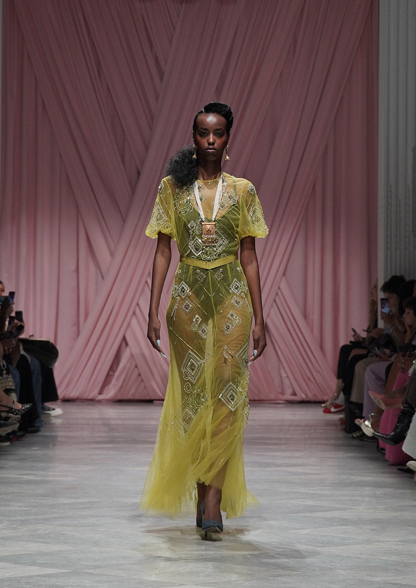 Chartreuse Tulle Dress with Alpana Embroidery