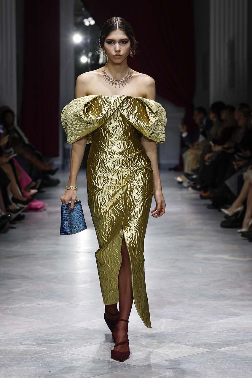 Hema Embossed Gold Jacquard Dress with Petal Hem and Kamala Drape Front Runway
